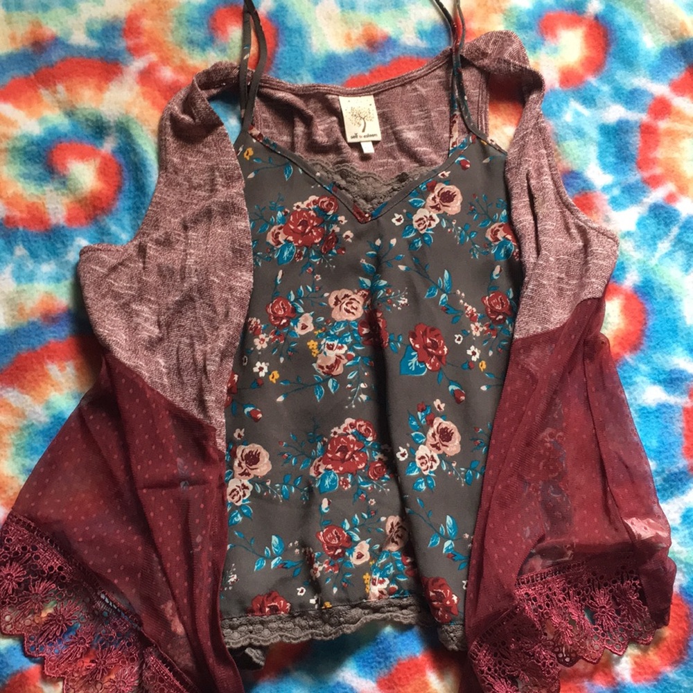 Floral tank top with mesh cardigan